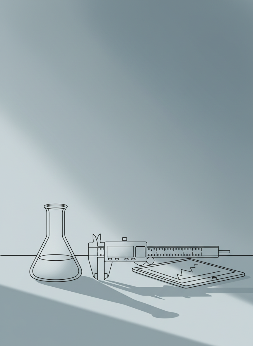 A minimalist, high-contrast line-art illustration of a neatly organized array of scientific instruments: a glass beaker with faint gradient shading, a precise digital caliper, and a sleek tablet displaying a simple data visualization graph. These items are carefully arranged on a cool-toned, matte-finished surface with refined shadows and whispering gradients. The background is a barely-there wash of muted blues and greys, alluding to an analytical setting. Soft side lighting draws focus to the subtle details and materials, casting refined, elongated shadows that enhance depth without cluttering the composition. The mood is disciplined and curious, and the composition leverages negative space, providing visual breathing room and a sense of elegant modernity.