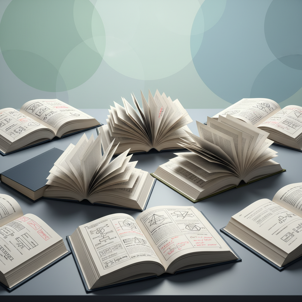 A precisely arranged cluster of open hardcover books, their creamy white, line-textured pages fanned outward to reveal intricate diagrams, coded symbols, and handwritten analytics notes. These books rest on a smooth slate-gray surface, which itself sits against a sparse, abstractly illustrated background of gentle overlapping circles in pale greens and blues. Soft top lighting creates understated shadows between pages and subtle highlights along the edges of the book covers, enhancing the line-art and minimalist elegance. The mood is thoughtful and studious, ideal for conveying analytical expertise. Centered, eye-level composition ensures a graceful, balanced image that supports the sophisticated, intellectual theme of the site.